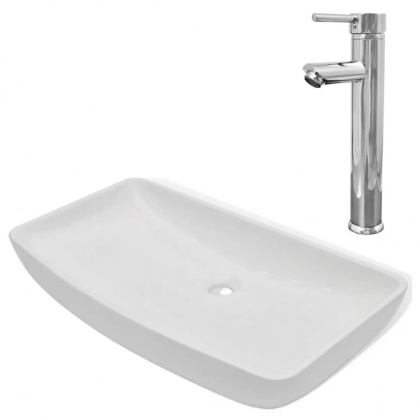 Lavabo de baño rectangular con grifo mezclador cerámica blanco M 2