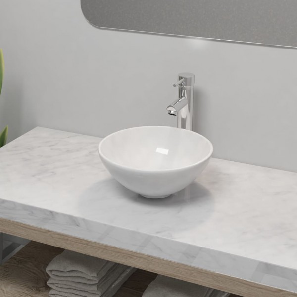 Lavabo de baño con grifo mezclador cerámica redondo blanco D