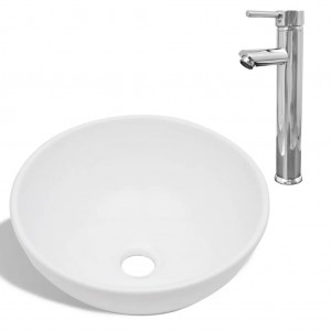Lavabo de baño con grifo mezclador cerámica redondo blanco H