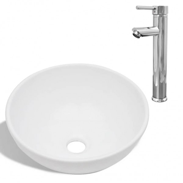 Lavabo de baño con grifo mezclador cerámica redondo blanco M 2
