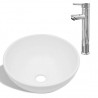Lavabo de baño con grifo mezclador cerámica redondo blanco 2