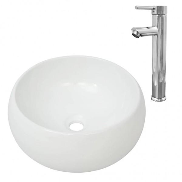 Lavabo de baño redondo con grifo mezclador cerámica blanco D