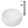 Lavabo de baño redondo con grifo mezclador cerámica blanco 1