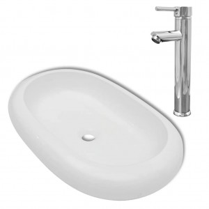 Lavabo de baño ovalado con grifo mezclador cerámica blanco H