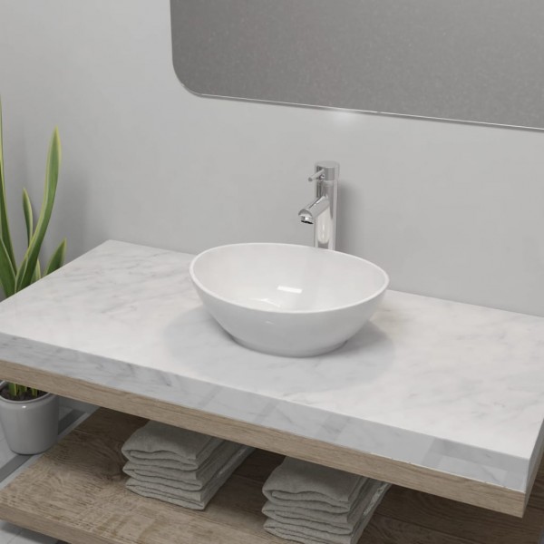 Lavabo de baño con grifo mezclador cerámica ovalado blanco D