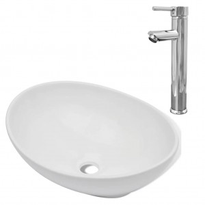 Lavabo de baño con grifo mezclador cerámica ovalado blanco H