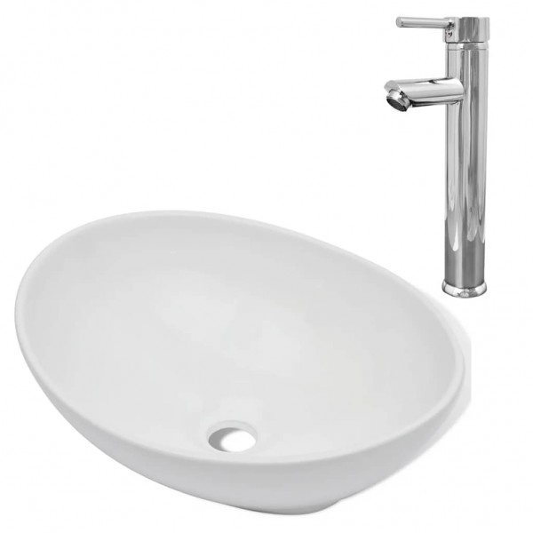Lavabo de baño con grifo mezclador cerámica ovalado blanco M 2