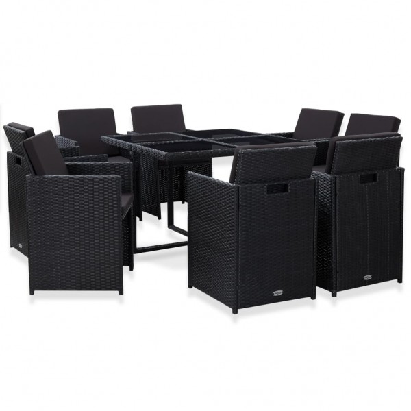 Set comedor de jardín 9 piezas y cojines ratán sintético negro D