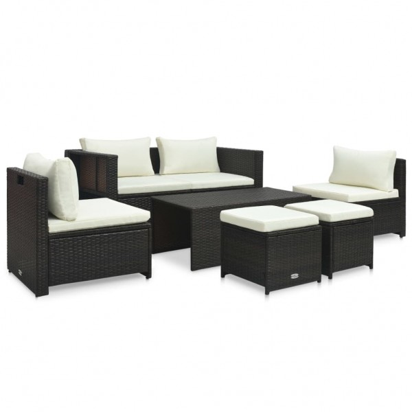 Set muebles de jardín 6 piezas y cojines ratán sintético marrón D