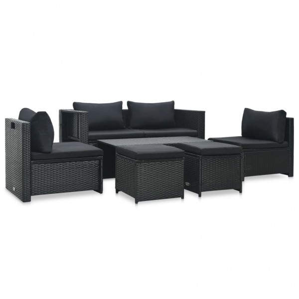 Set muebles de jardín 6 piezas y cojines ratán sintético negro D