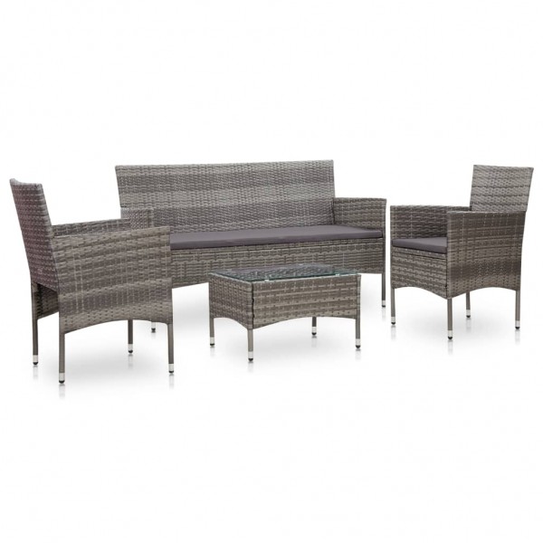 4 pcs conjunto lounge de jardim c/ almofadões vime PE cinzento D