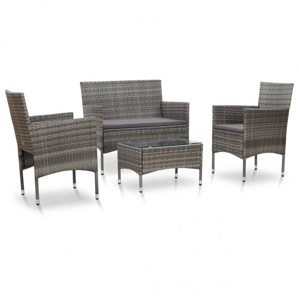 4 pcs conjunto lounge de jardim c/ almofadões vime PE cinzento D