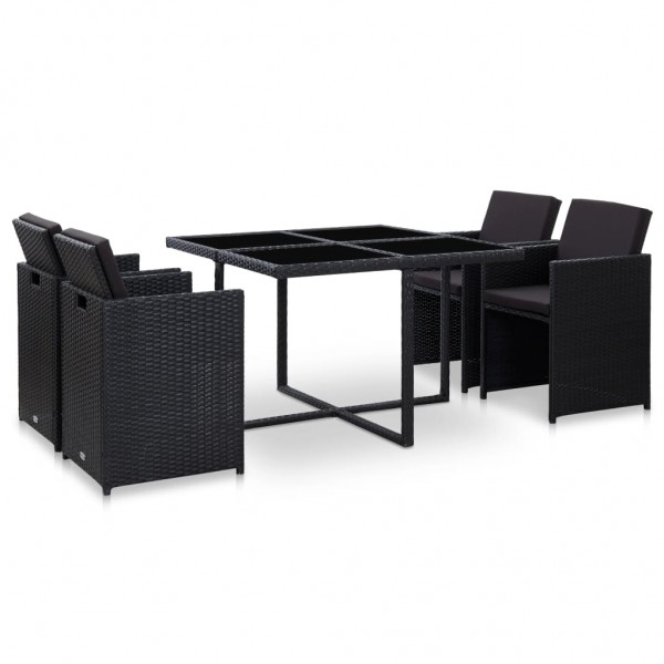 Set comedor de jardín 5 piezas y cojines ratán sintético negro D