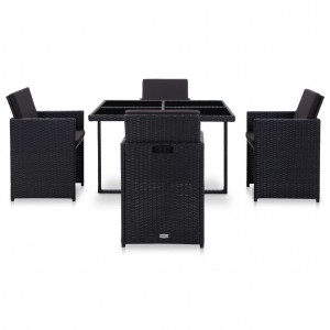 5 pcs conjunto jantar exterior com almofadões vime PE preto H