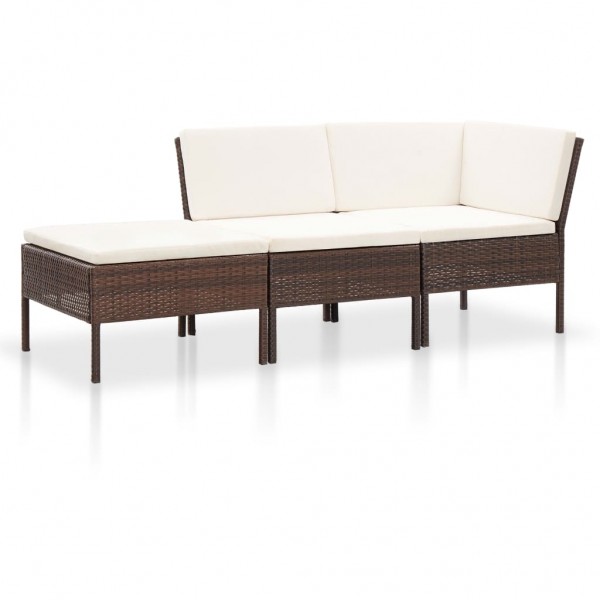 Set muebles de jardín 3 pzas y cojines ratán sintético marrón D