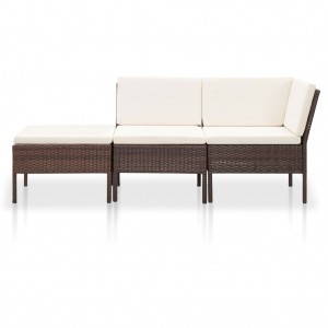 Set muebles de jardín 3 pzas y cojines ratán sintético marrón H