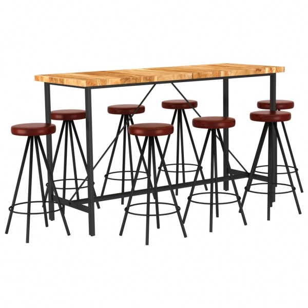 Set muebles de bar 9 pzas madera maciza acacia cuero auténtico D