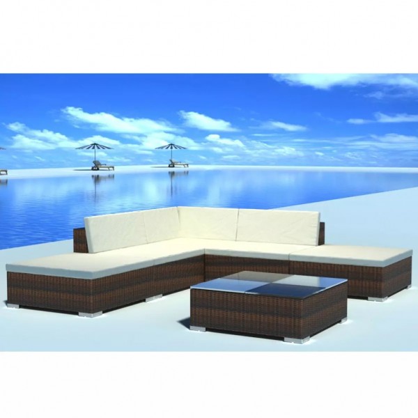 Set muebles de jardín 6 piezas y cojines ratán sintético marrón D