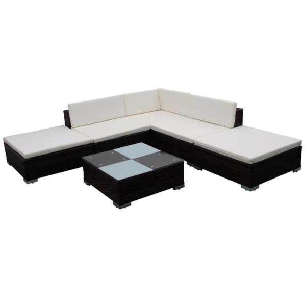 6 pcs conjunto lounge jardim c/ almofadões vime PE castanho M 2