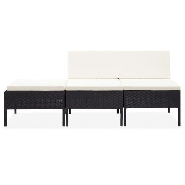 3 pcs conjunto lounge de jardim c/ almofadões vime PE preto M 2