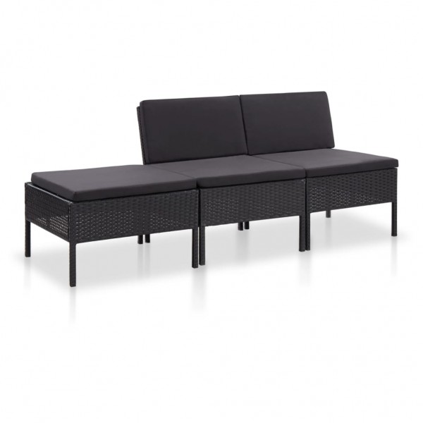 3 pcs conjunto lounge de jardim c/ almofadões vime PE preto D