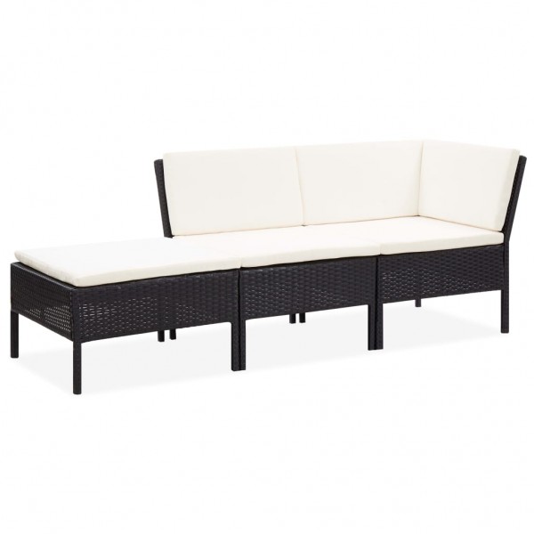 3 pcs conjunto lounge de jardim c/ almofadões vime PE preto D