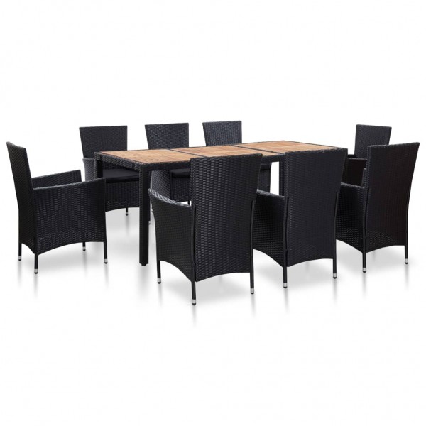 9 pcs conjunto jantar exterior com almofadões vime PE preto D