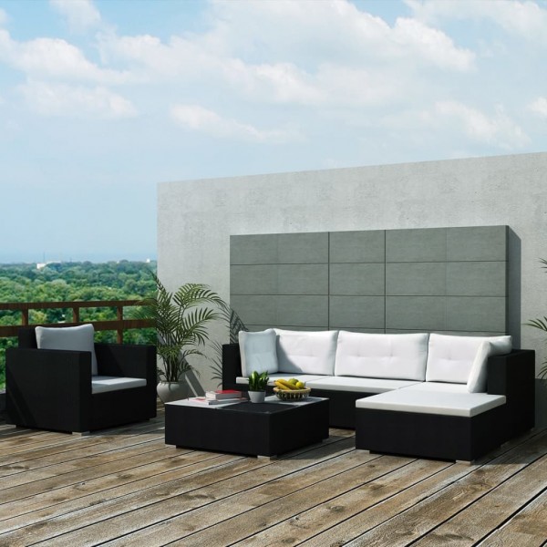 6 pcs conjunto lounge de jardim c/ almofadões vime PE preto D