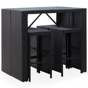 5 pcs conjunto de bar para jardim vime PE e vidro preto H