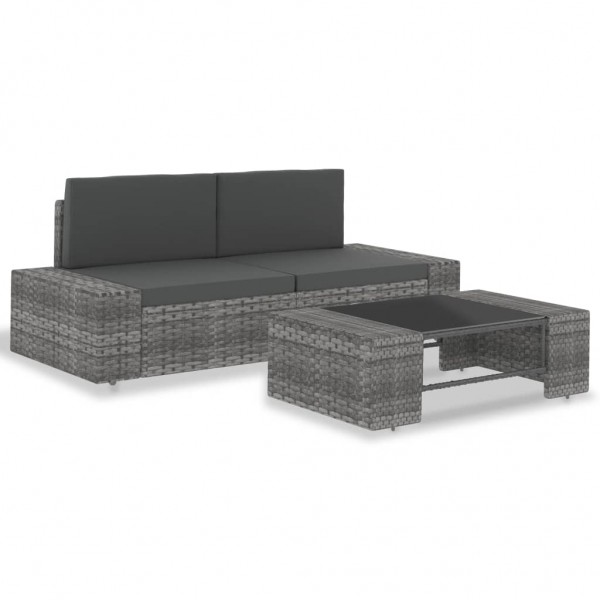 3 pcs conjunto lounge de jardim vime PE cinzento D