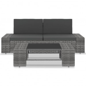 3 pcs conjunto lounge de jardim vime PE cinzento H