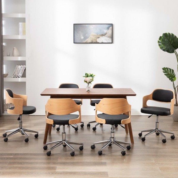 Sillas de comedor giratorias 6 uds madera curvada y cuero negro D