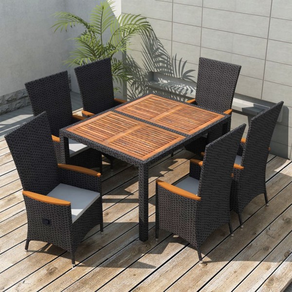 7 pcs conjunto jantar p/ exterior vime PE madeira acácia preto D