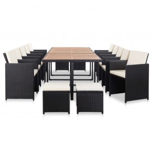 Set comedor de jardín 15 piezas y cojines ratán sintético negro H
