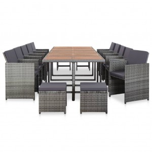 Set comedor de jardín 15 piezas y cojines ratán sintético gris H
