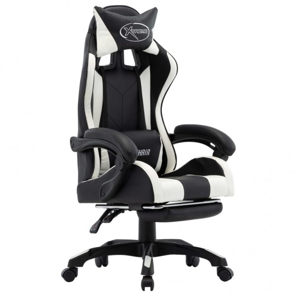 Silla gaming con reposapiés cuero sintético blanco y negro D