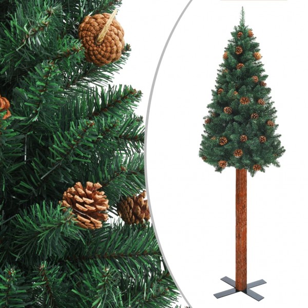 Árbol de Navidad delgado madera auténtica y piñas PVC 150 cm D