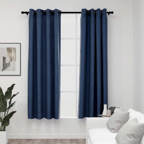 Cortinas opacas con ojales look de lino 2 pzas azul 140x175 cm D