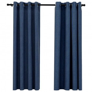 Cortinas opacas aspeto linho c/ ilhós 2 pcs 140x175 cm azul H