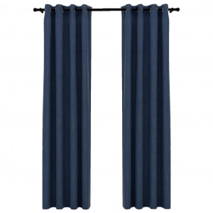 Cortinas opacas aspeto linho c/ ilhós 2 pcs 140x225 cm azul H