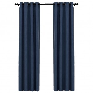Cortinas opacas con ojales look de lino 2 pzas azul 140x245 cm H