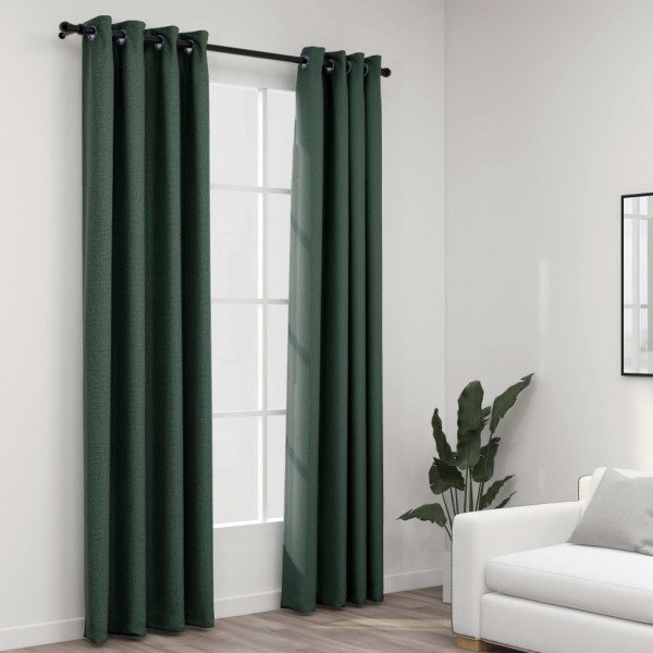 Cortinas opacas con ojales look de lino 2 pzas verde 140x225 cm D