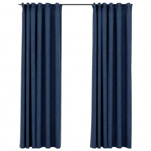 Cortinas opacas con ganchos look de lino 2 pzas azul 140x225 cm H