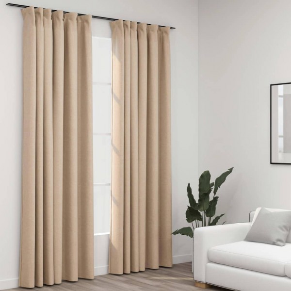 Cortinas opacas con ganchos look de lino 2 pzas beige 140x225cm D