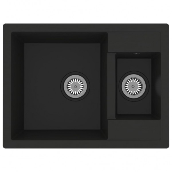 Fregadero de cocina doble seno con rebosadero granito negro M 2