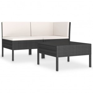 3 pcs conjunto lounge para jardim c/ almofadões vime PE preto H