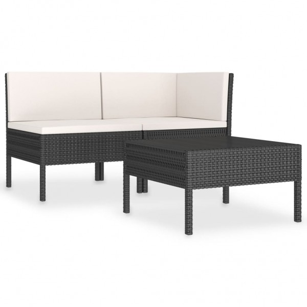 3 pcs conjunto lounge para jardim c/ almofadões vime PE preto M 2