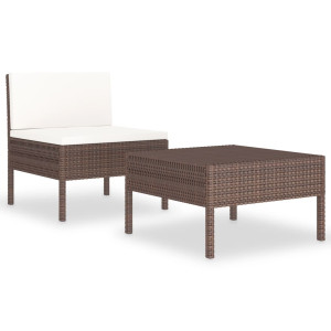2 pcs conjunto lounge de jardim c/ almofadões vime PE castanho H