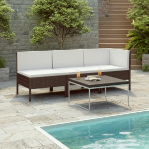 Set muebles de jardín 3 pzas y cojines ratán sintético marrón H