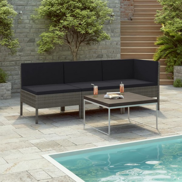 3 pcs conjunto lounge de jardim c/ almofadões vime PE cinzento D